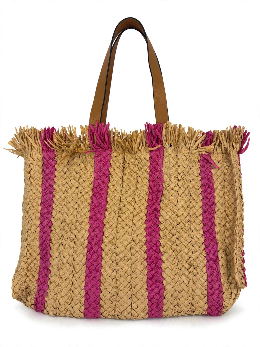 H&M Natural Straw Tote with Pink Vertical Stripes